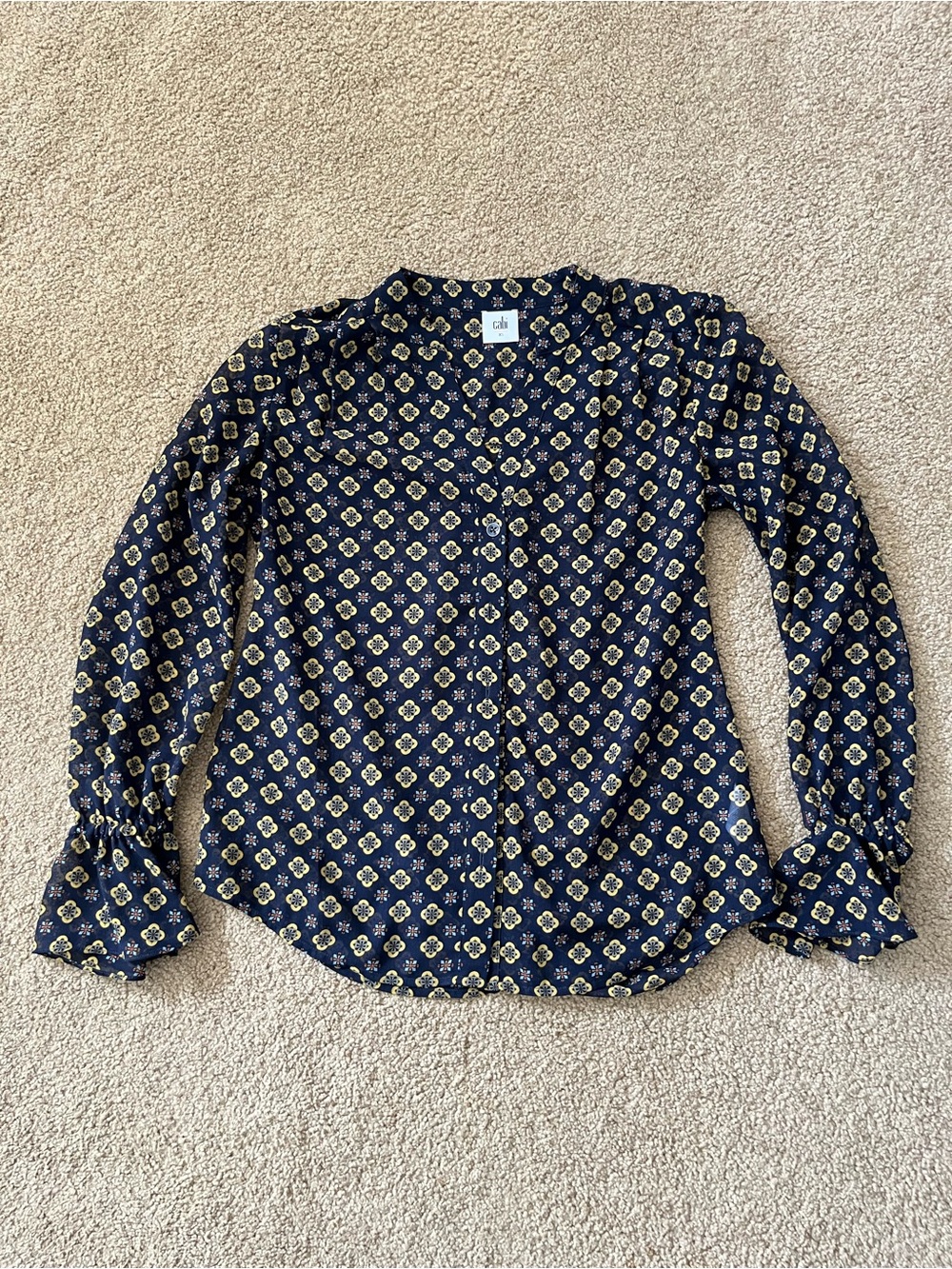 CAbi Navy Floral-Geo Print Button-Down Shirt